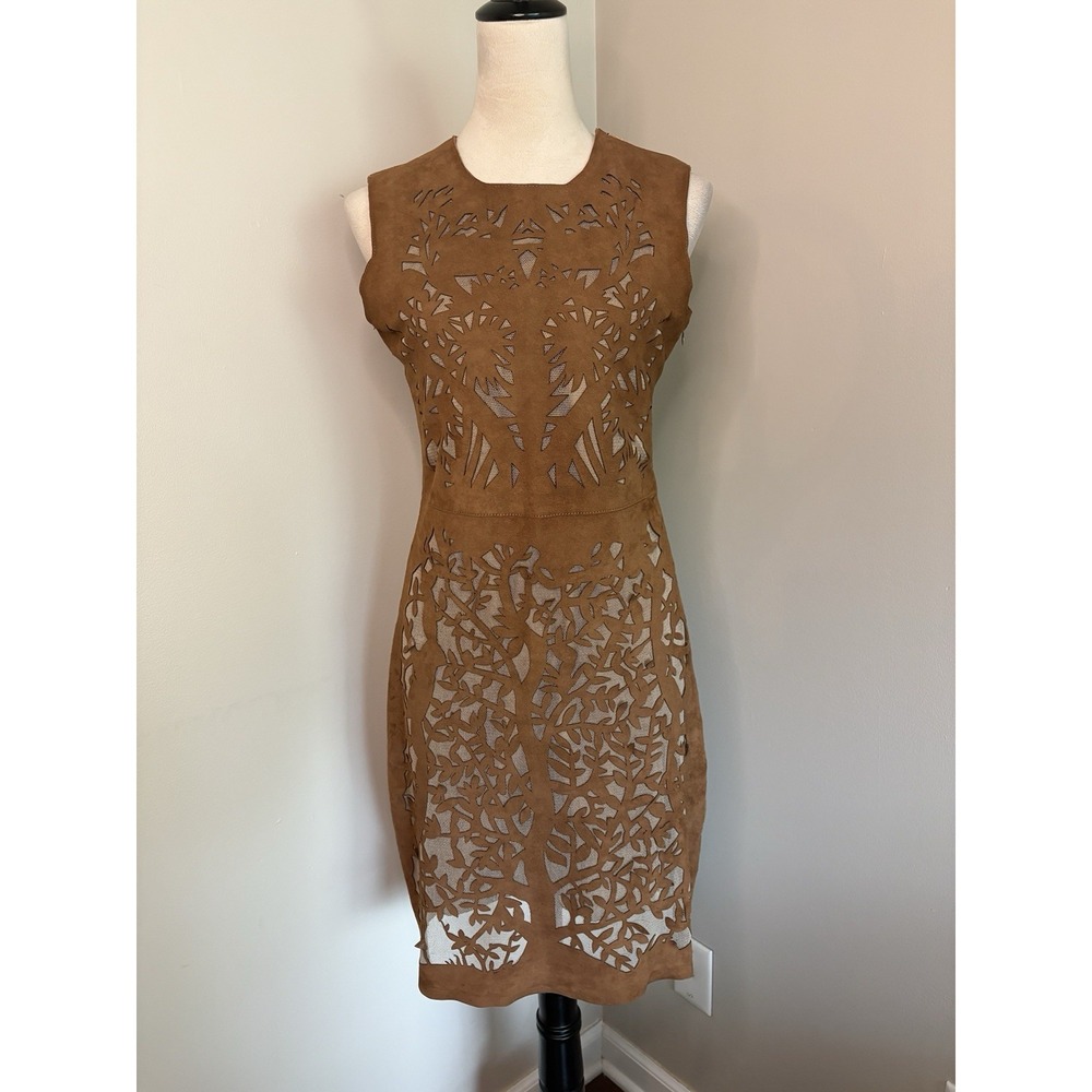Hôtel Particulier Brown Leather Suede Laser Cut Tree Of Life Dress Size S Small
